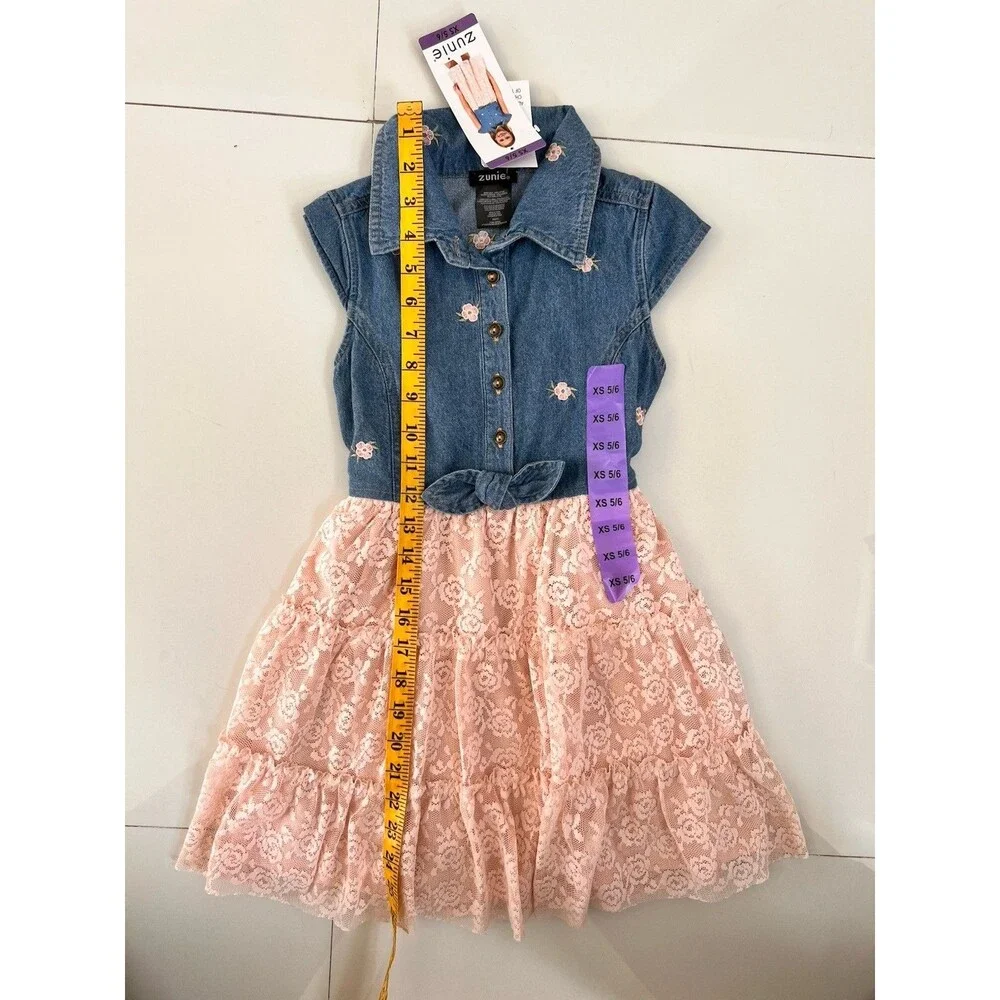 ZUNIE Girls Denim and Floral Pink Dress Denim Size XS 5/6 NEW Casual Party Cute